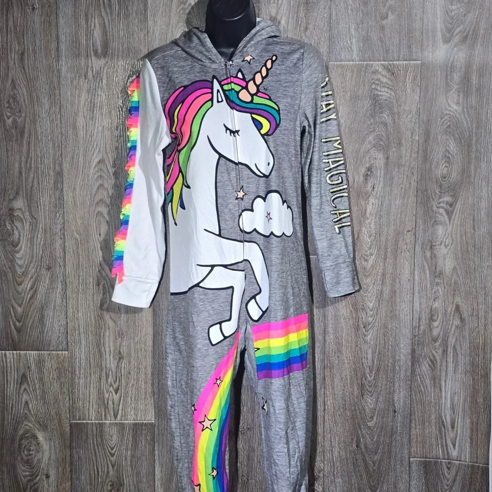 Justice Girls' Unicorn Rainbow Hooded Pajama Jumpsuit Size‎ 12 Sleepwear